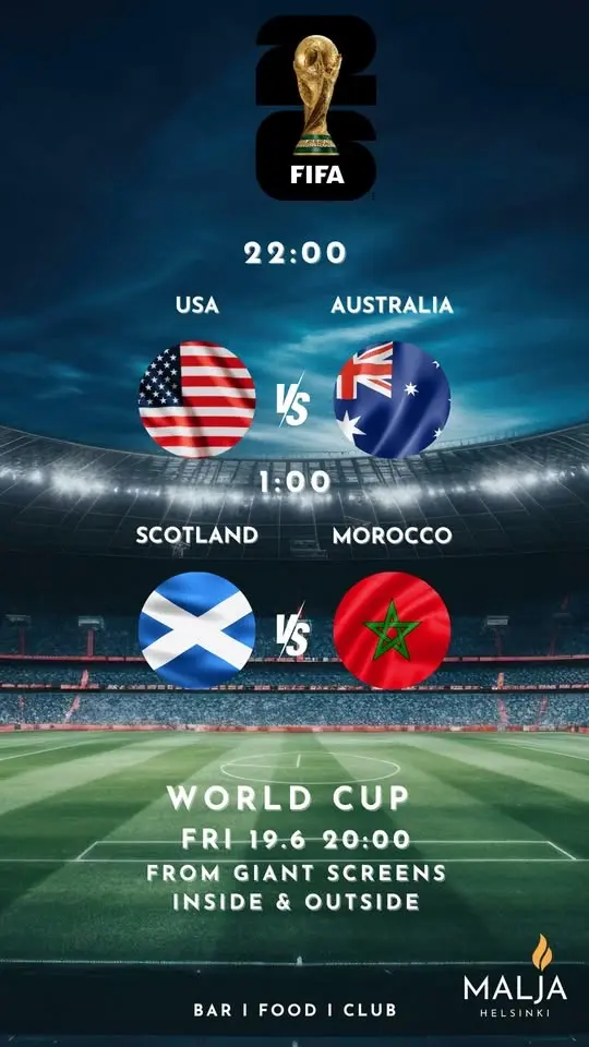 FIFA World Cup June 19 22:00 USA vs. Australia FIFA World Cup June 20 01:00 Scotland vs. Morocco