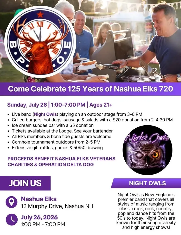 Night Owls Rock for Nashua Elks Veteran's charities & operation Delta Dog. Open to the public!