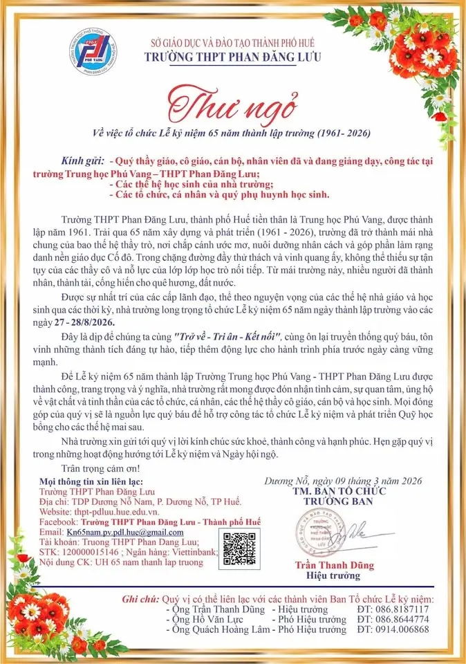 Lễ Kỷ niệm 65 năm thành lập trường Trung học Phú Vang - THPT Phan Đăng Lưu (1961-2026).