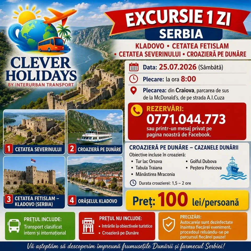 🚌 EXCURSIE DE 1 ZI – SERBIA: KLADOVO -CETATEA FETISLAM-CROAZIERĂ PE DUNĂRE 100lei/pers