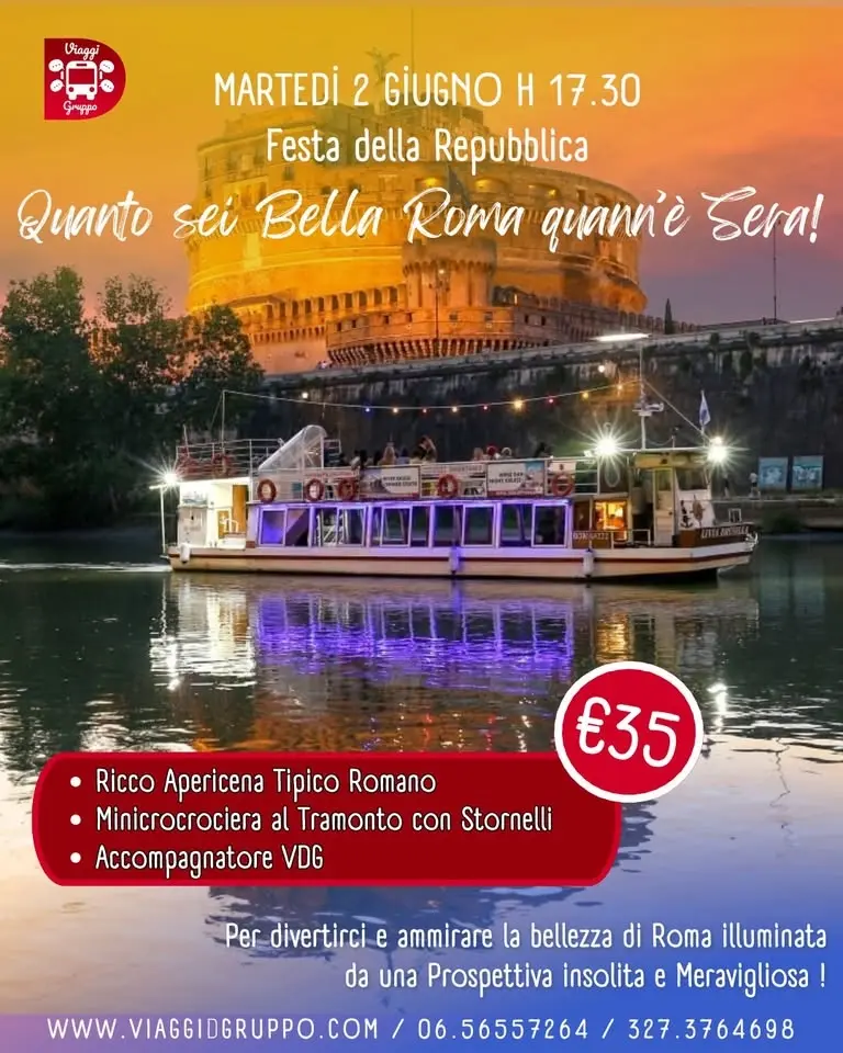 2 GIUGNO : MINICROCIERA AL TRAMONTO SUL TEVERE CON STORNELLI TIPICI E APERICENA ROMANO!