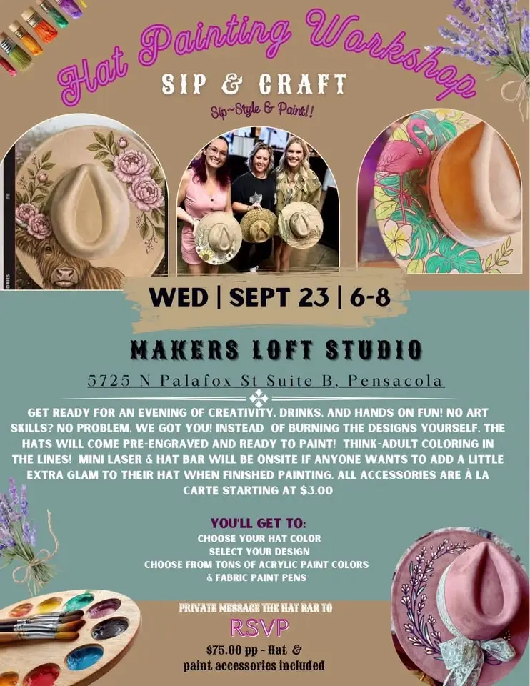 Sip & Craft Hat Painting Workshop @ Makers Loft Studio ~ Pensacola, FL 9-23-26