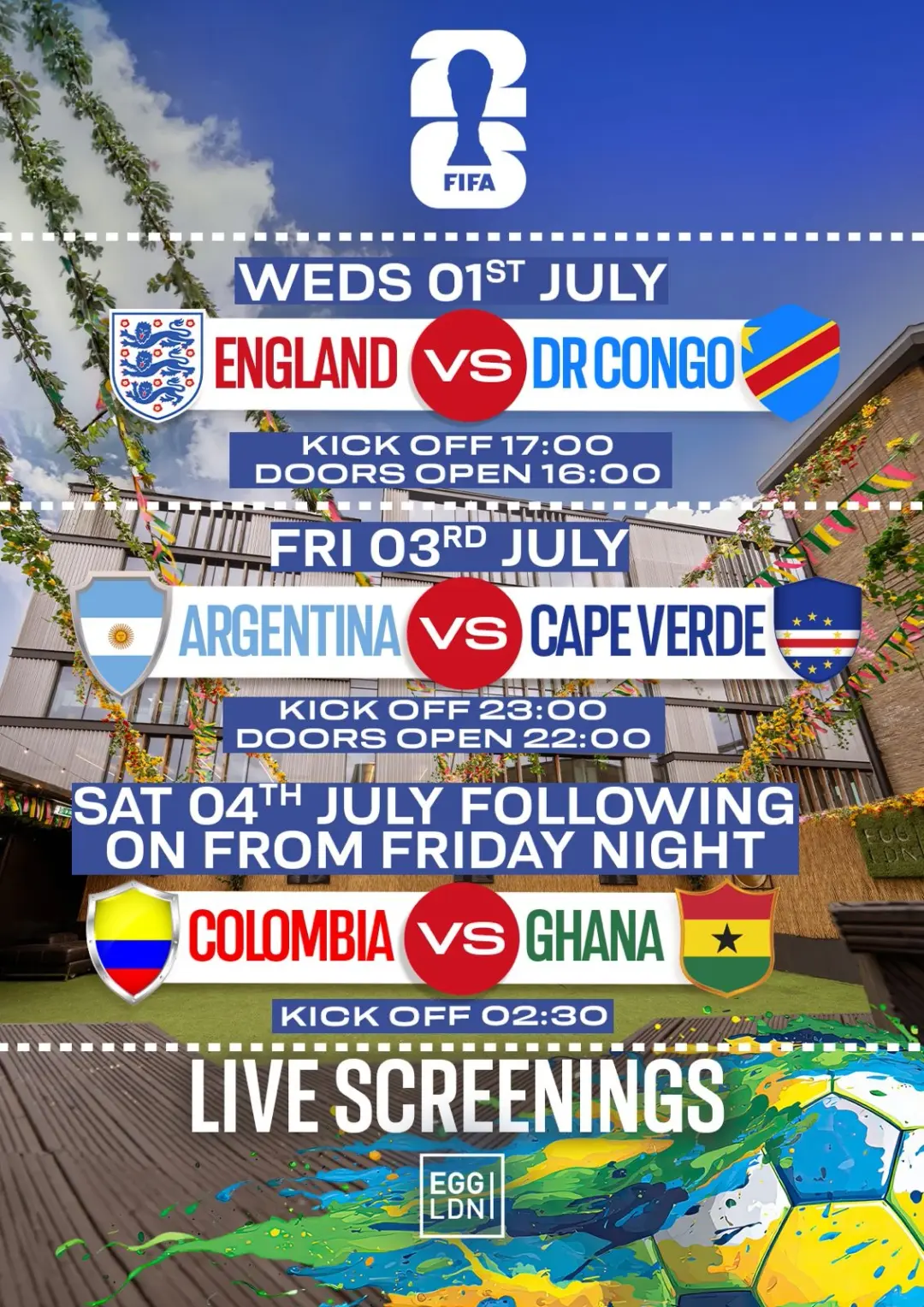 Egg Pres: England V DR Congo / Free showing (Open Air)
