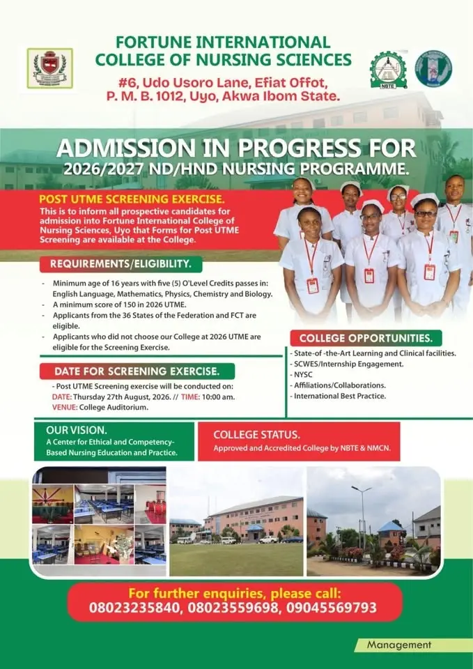 Admission into ND/HND Nursing Sciences for 2026/2027 Academic Session is on going. Post UTME Screening Exercise ...........
