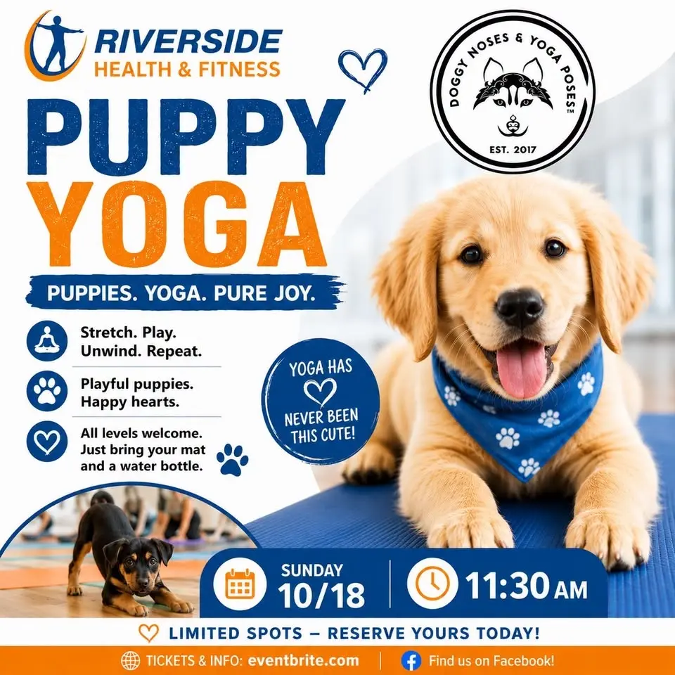 Puppy Yoga at Riverside Health & Fitness