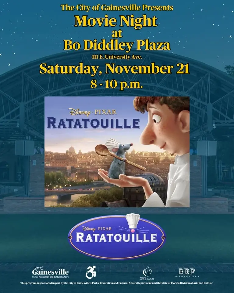 Movie night at Bo Diddley Plaza featuring Ratatouille