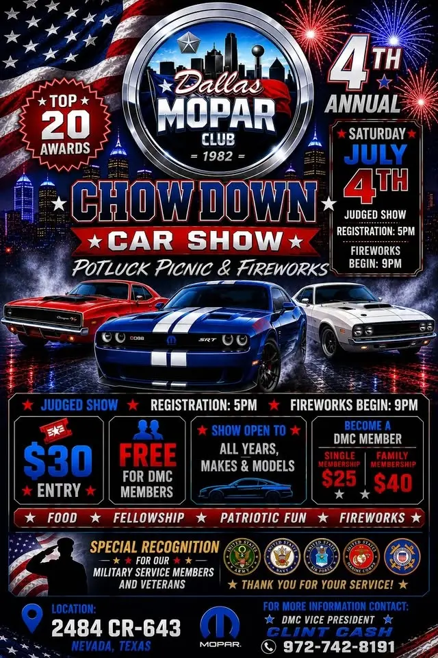 Dallas Mopar Club's 4th Annual Chow Down Car Show-Pot Luck-Picnic & Fireworks