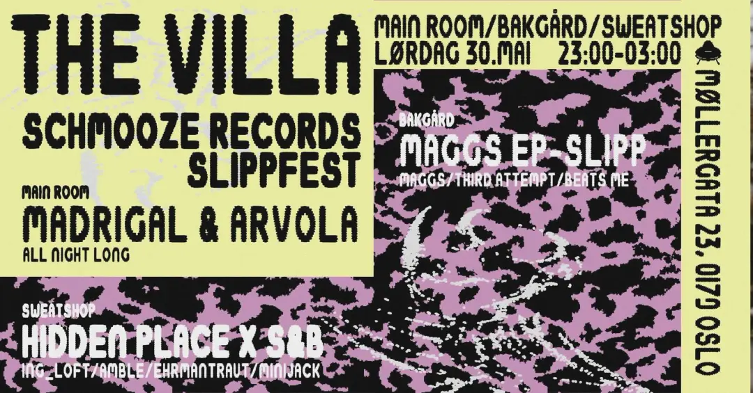 Schmooze Records releaseparty: Madrigal & Arvola / Maggs ++ / SS: Hidden Place / The Villa