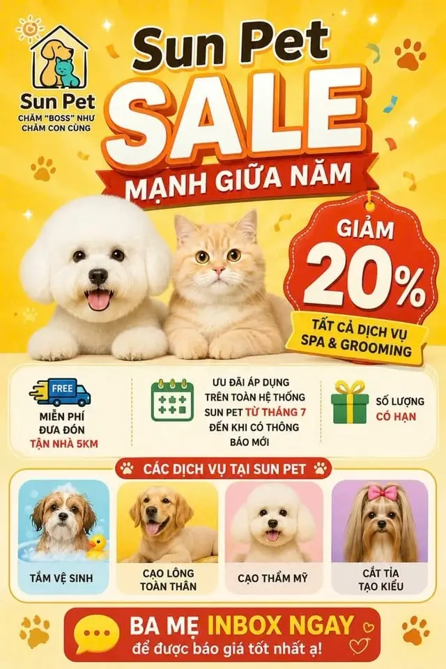 🔥 SALE MẠNH GIỮA NĂM - GIẢM 20% DỊCH VỤ SPA & GROOMING TỪ THÁNG 7 - Số lượng có hạn