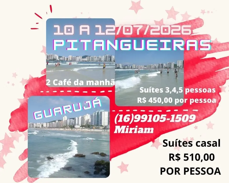 🌴✨ GUARUJÁ – PRAIA DE PITANGUEIRAS ✨🌴
📅 10 a 12/07/2026
🚌 Saída às 23:00hs
🚌 Retorno às 16:00hs