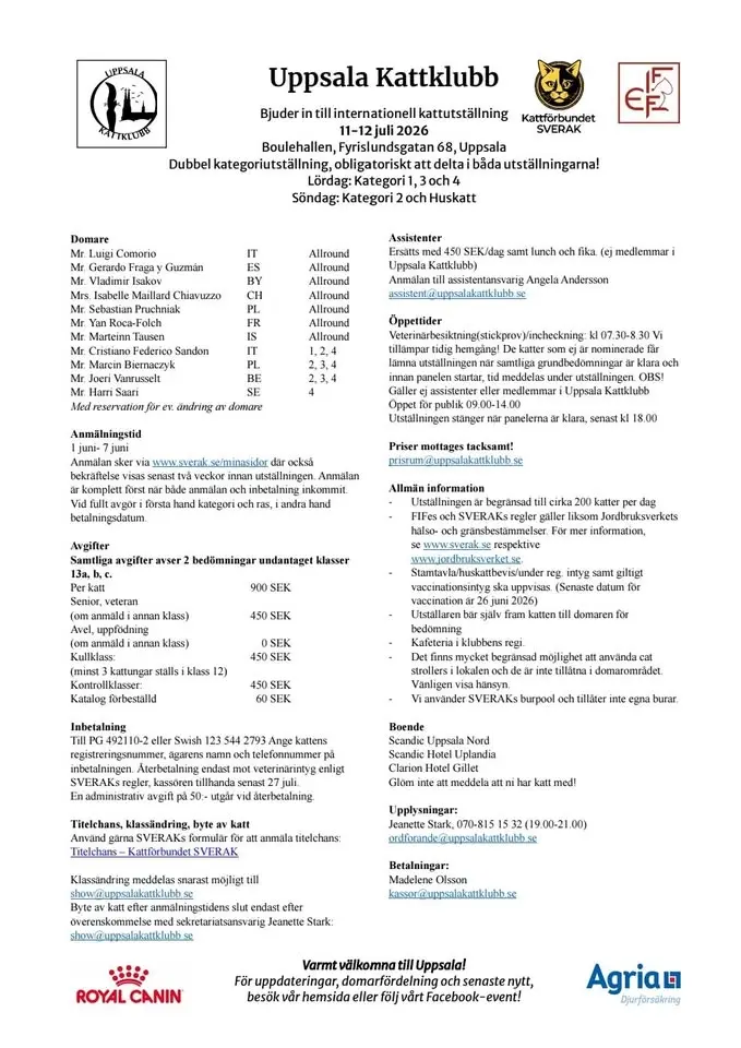 Uppsala Kattklubbs Internationella utställning Juli 2026