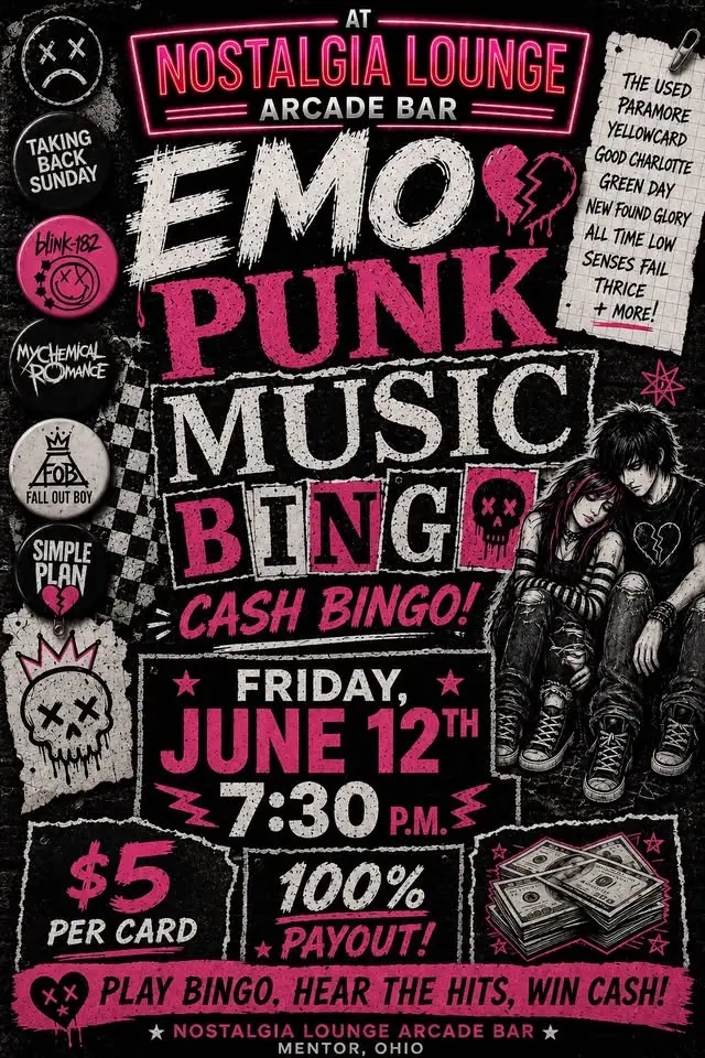 EMO Music Bingo! WIN CASH! 🖤 $5 per Card! 100% Payout! Free Fresh Cut Fry Night!