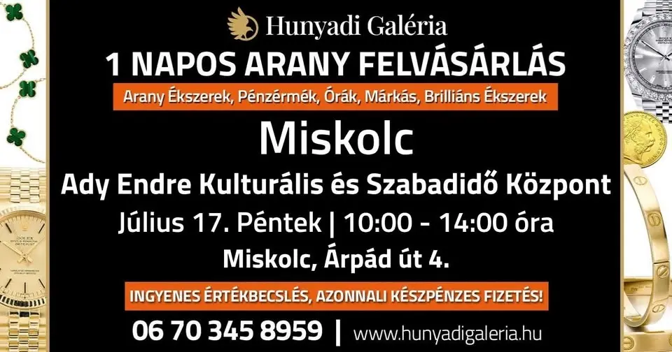 Miskolc! 1 napos Arany-Ezüst felvásárlás! Fazonarany akár 67 500 Ft/g
