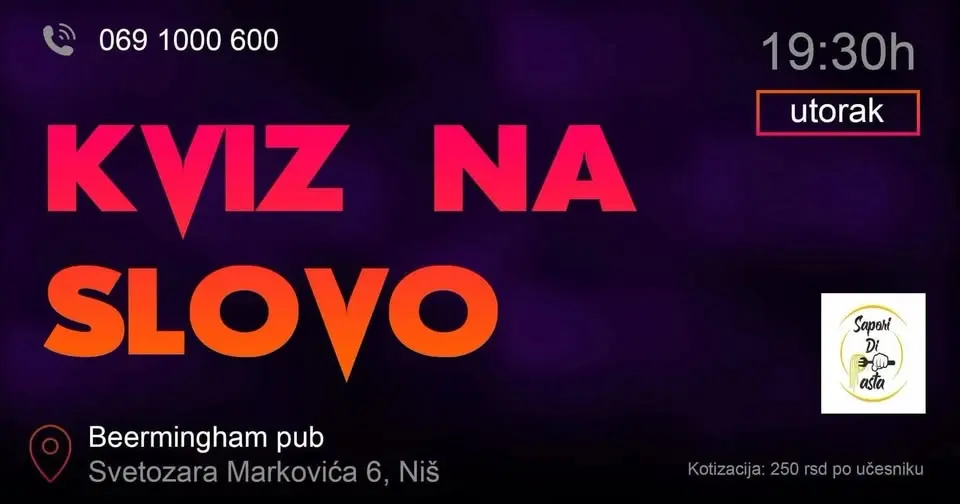 Kviz na slovo u Nišu // Treći, letnji ciklus u 2026. // utorak 21.07.  // Beermingham pub