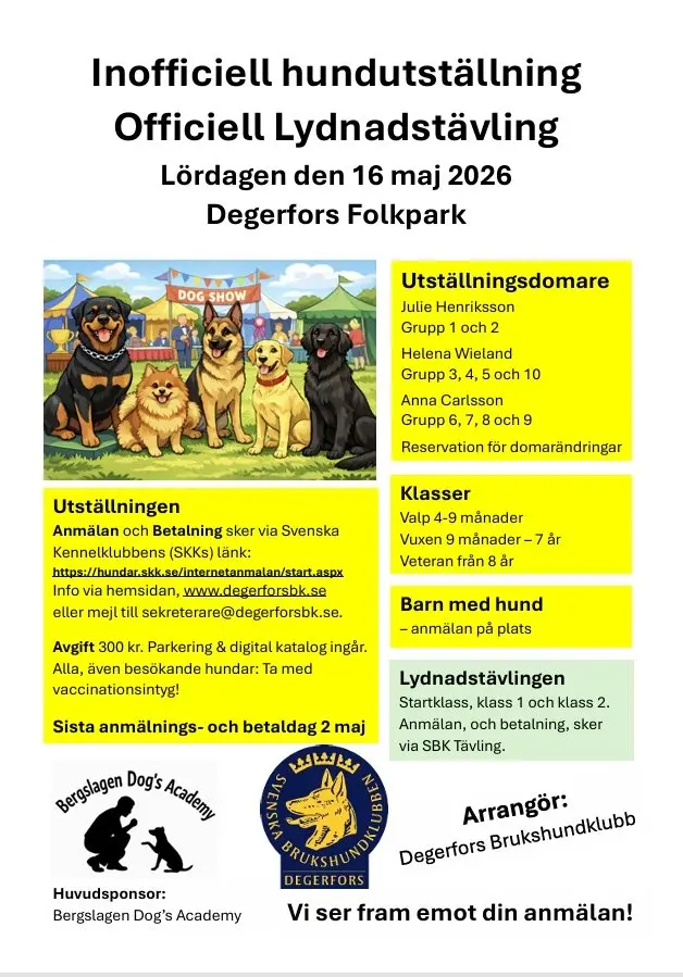 INOFFICIELL HUNDUTSTÄLLNING + OFFICIELL LYDNADSTÄVLING 16 MAJ 2026 - DEGERFORS FOLKPARK
