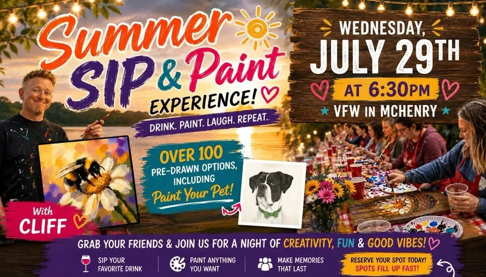 Pre-Drawn SIP & Paint Experience at VFW Post 4600 McHenry | 100+ Designs | July 29th | 6:30pm