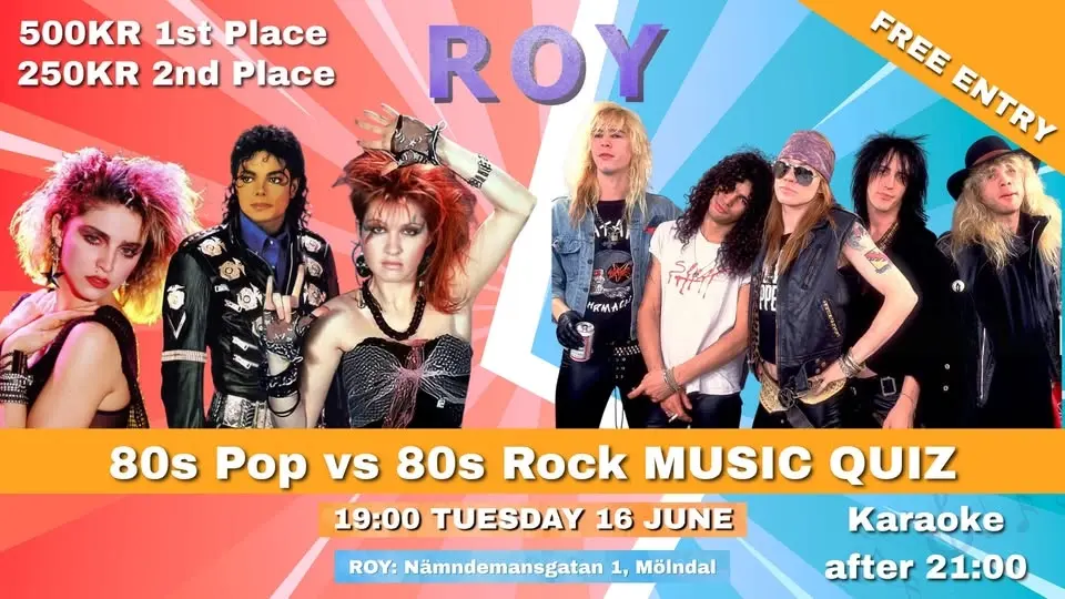 ROY: 80’s pop vs 80’s rock music quiz - fri entré