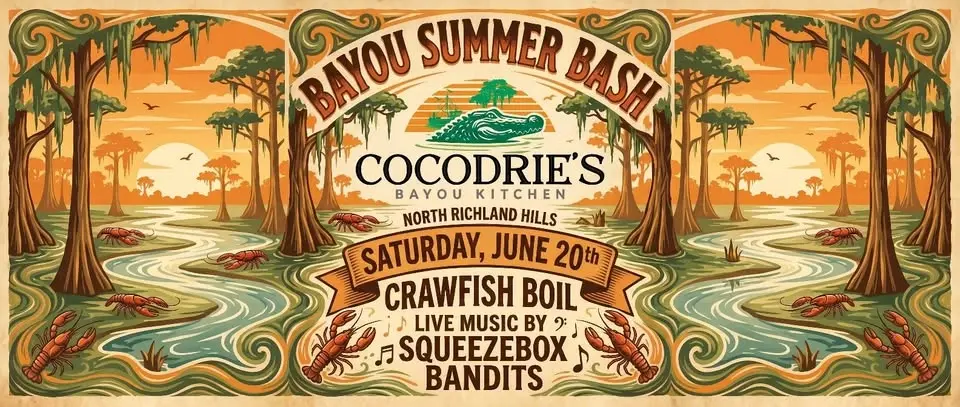 BAYOU SUMMER BOIL ON THE PATIO in North Richland Hills with LIVE MUSIC by The SQUEEZEBOX BANDITS!