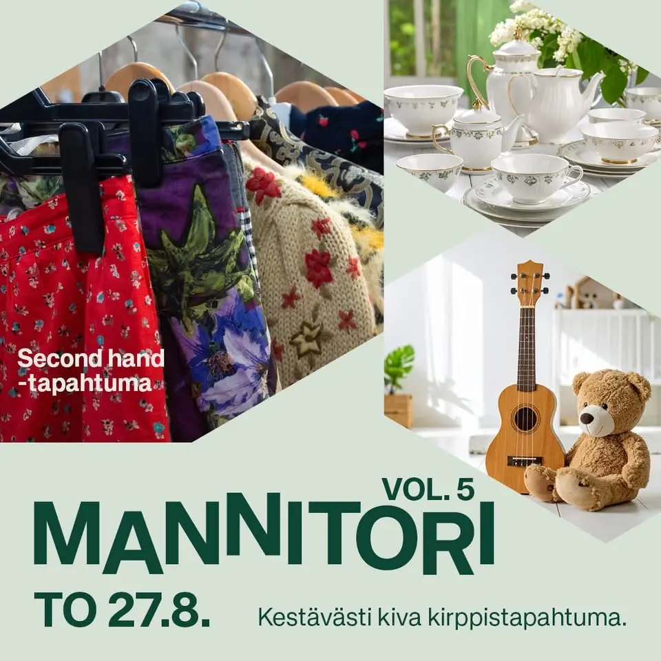 Mannitori nro 5. -kirppistapahtuma to 27.8.👗🎺📚
