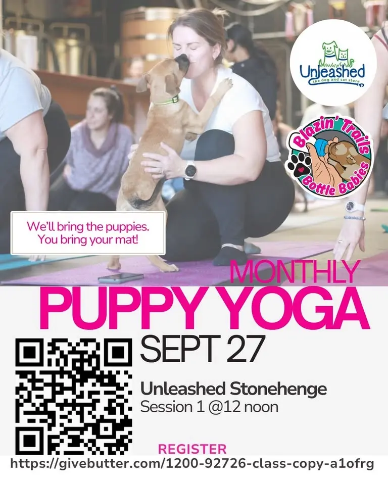 Puppy Yoga Unleashed (Stonehenge) Sept 27 12:00 -1:00pm