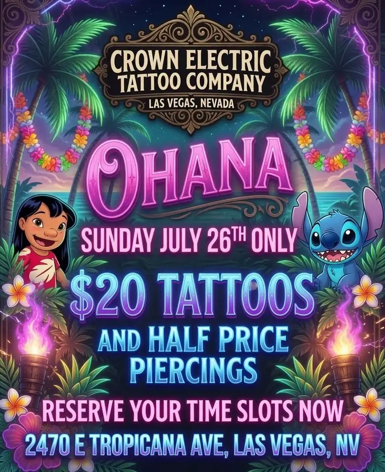 OHANA ๐ธ $20 TATTOOS and HALF PRICE PIERCINGS