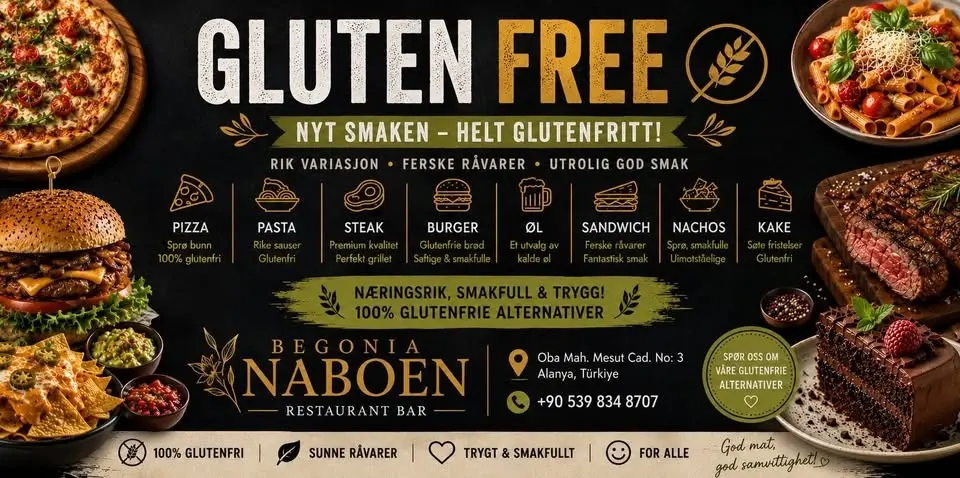 Biggest  Gluten free meny in town hos Naboen restaurant Oba Alanya 