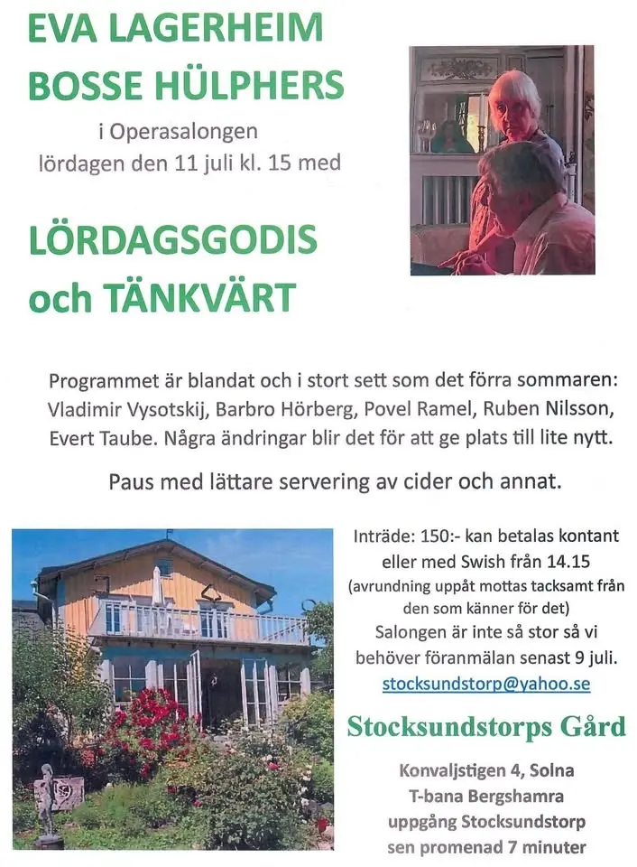 11/7 Eva Lagerheim & Bosse Hülphers: Lördagsgodis @ Stocksundstorps Gård