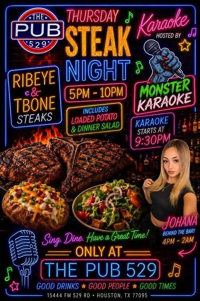 Steak Night Thursday 5pm & Karaoke with Monster Karaoke 9:30
