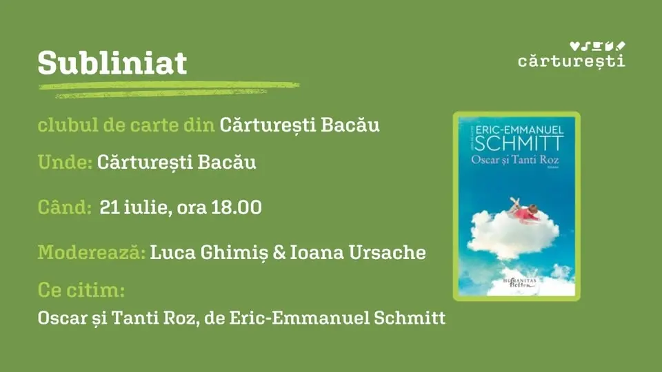 clubul de carte Subliniat | iulie | Oscar și Tanti Roz, de Eric-Emmanuel Schmitt