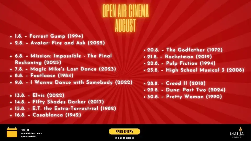 Open Air Cinema / Malja Helsinki / August / Free Entry!