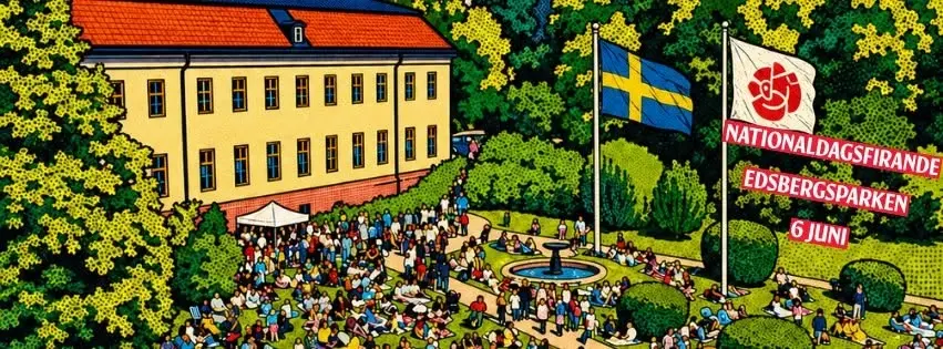 Nationaldagsfirande i Edsbergsparken - samtal och utdelning av vatten.