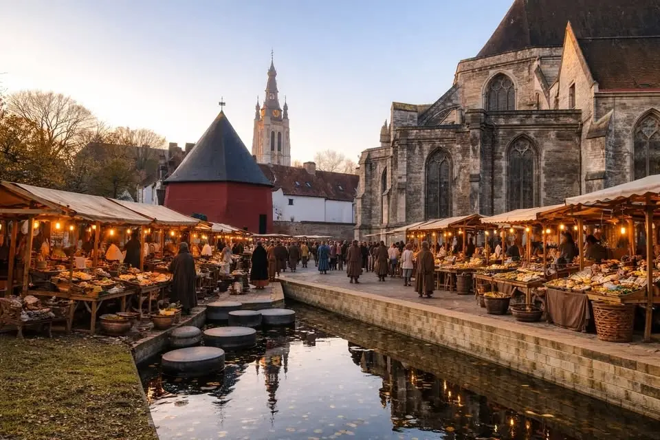 Middeleeuwse handelsmarkt op Cortryck terug naar de middeleeuwen