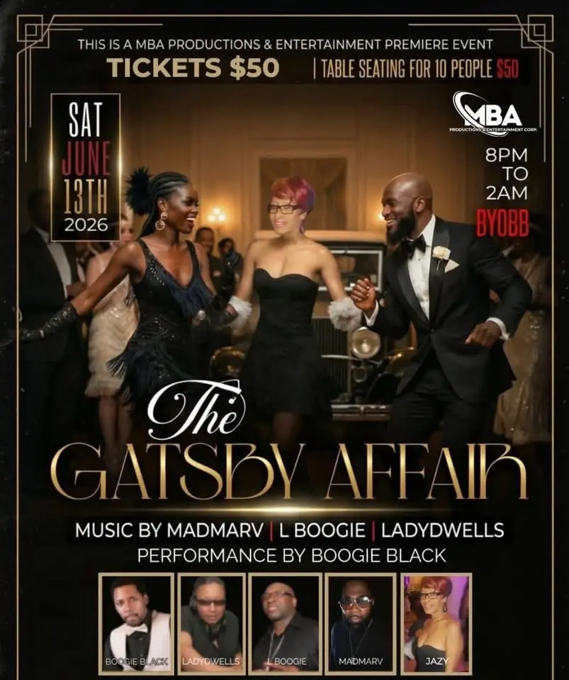 SAT., June 13 THE GATSBY AFFAIR, Rochdale Village BYOBB RAFFLES Tkts 💋Jazy 646-725-0313 cuthere