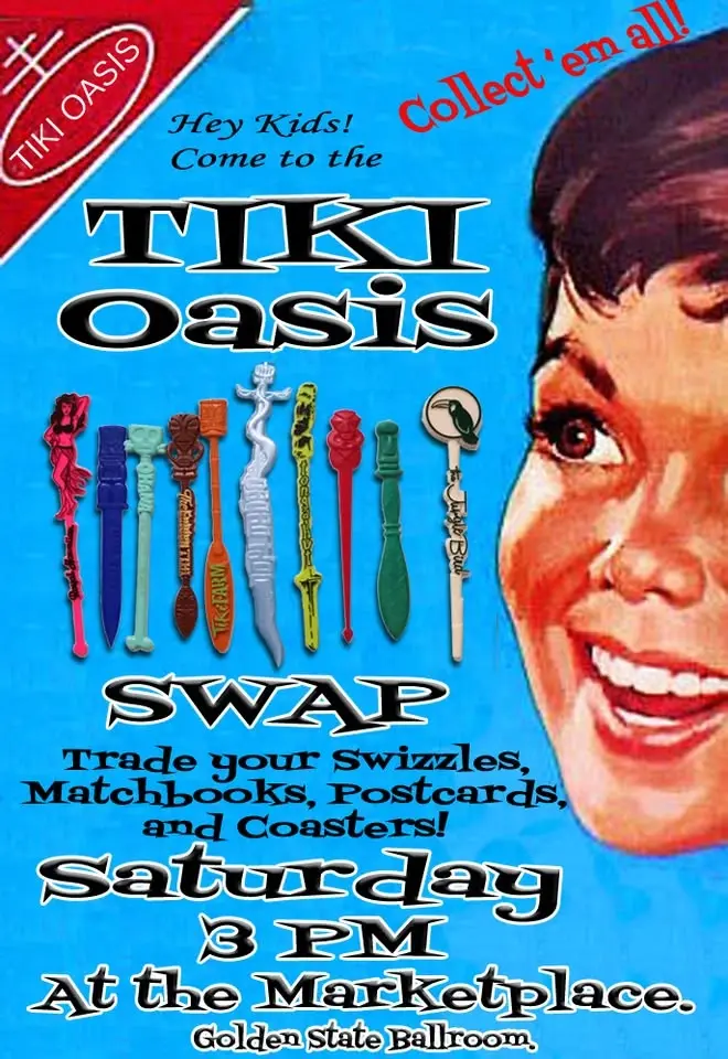 Tiki Oasis Swap, featuring Swizzles, Coasters, Postcards, and Matchbooks.