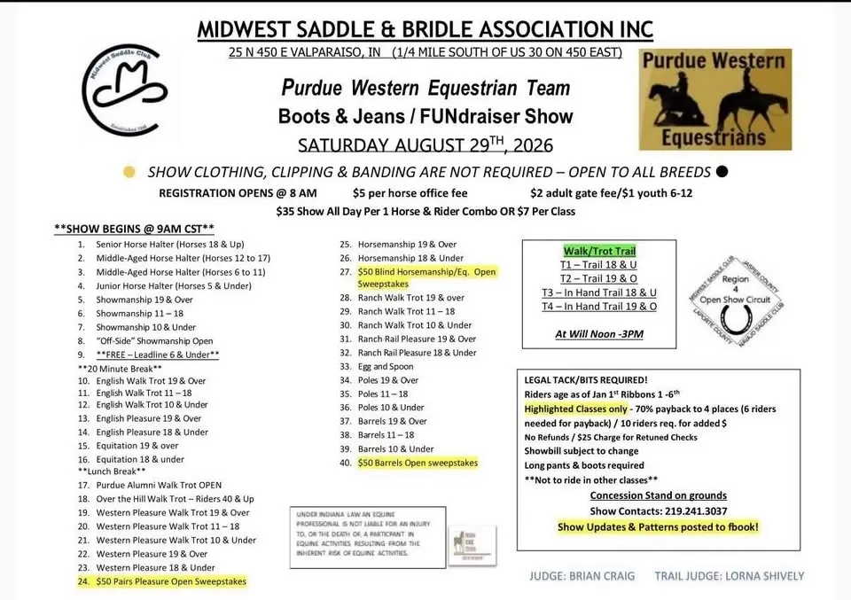 Sat Aug 29 - Purdue Western Equestrian Team Open Show 