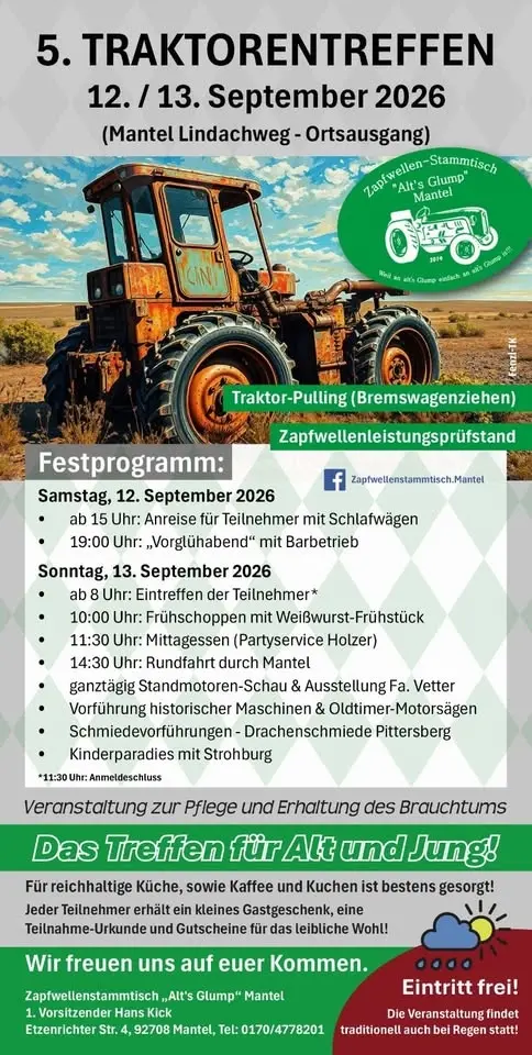 5. Traktorentreffen mit Vorglühabend und Bremswagenziehen in Mantel
