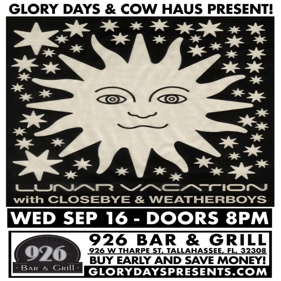 Lunar Vacation w/ Closebye, Weatherboys at 926 Bar - Wed Sept 16