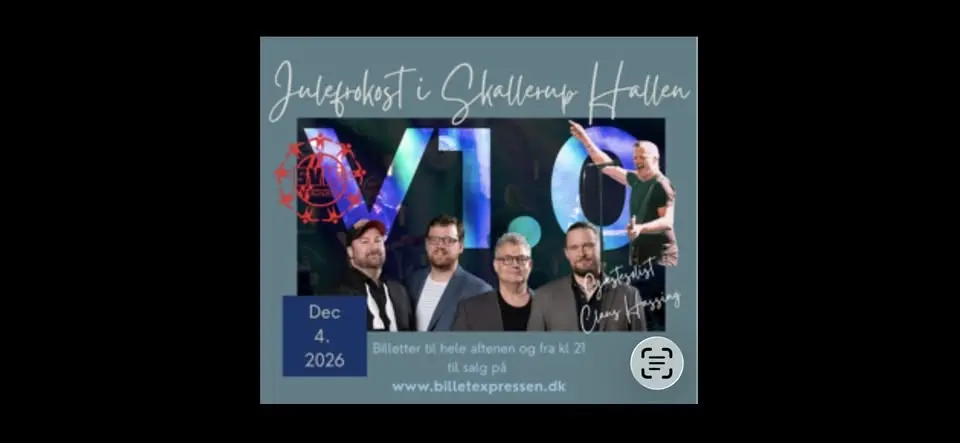Julefrokost i Skalleruphallen 2026 med Version 1.0 og gæste solist Claus Hassing